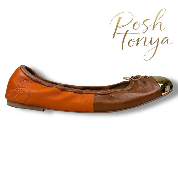 Sam Edelman Fairleigh Brown Orange Gold Cap Toe Ballet Flats Size 7.5 Minimalist - Picture 1 of 10
